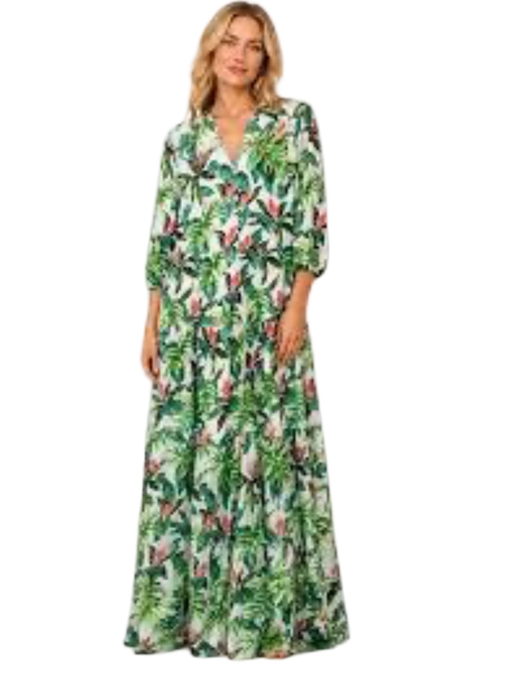 New J. McLaughlin Cunningham Green Tropical-Print V-Neck Maxi Dress Ruffle Hem L - Picture 3 of 9